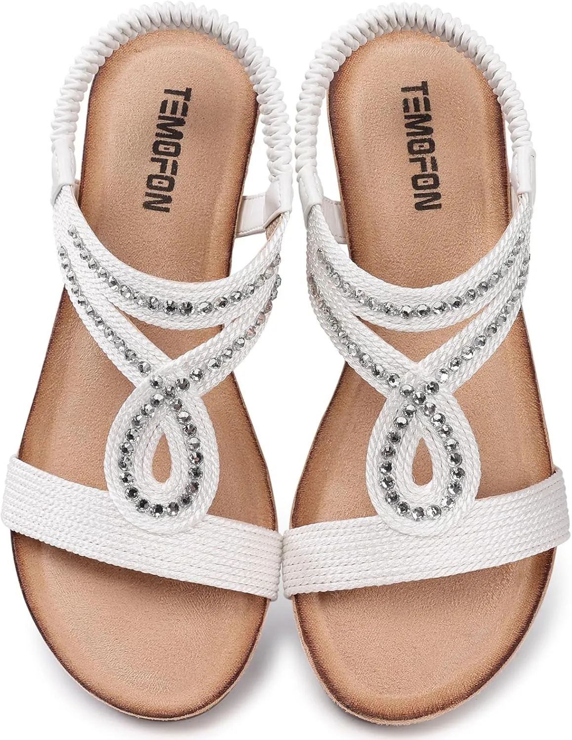 TEMOFON Wedge Sandals for Women Dressy: Low Wedge Sandals Women Comfortable Dressy Walking - Summer Casual Elastic Strappy Open Toe Rhinestone Shoes
