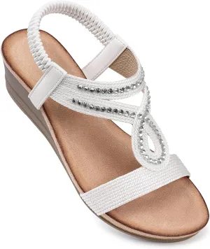 TEMOFON Wedge Sandals for Women Dressy: Low Wedge Sandals Women Comfortable Dressy Walking - Summer Casual Elastic Strappy Open Toe Rhinestone Shoes