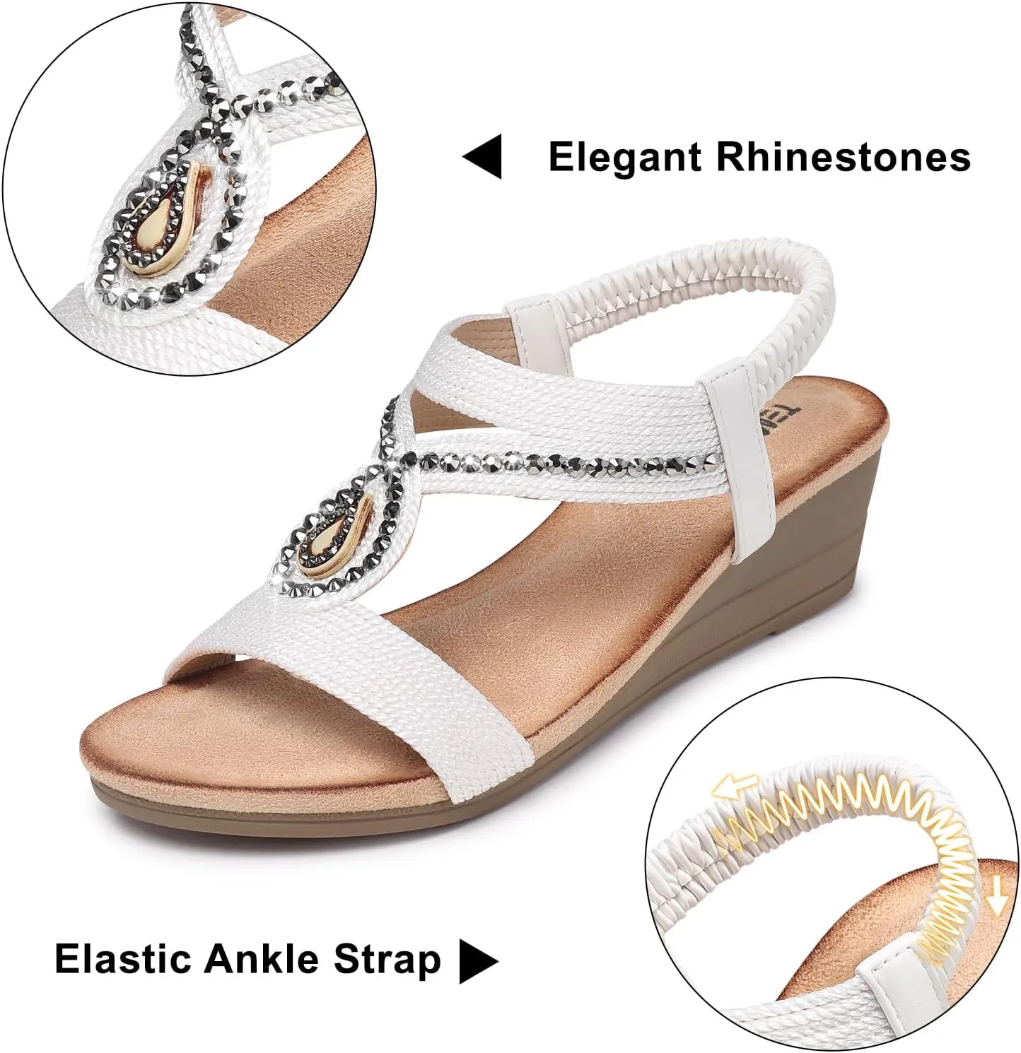TEMOFON Wedge Sandals for Women Dressy: Low Wedge Sandals Women Comfortable Dressy Walking - Summer Casual Elastic Strappy Open Toe Rhinestone Shoes