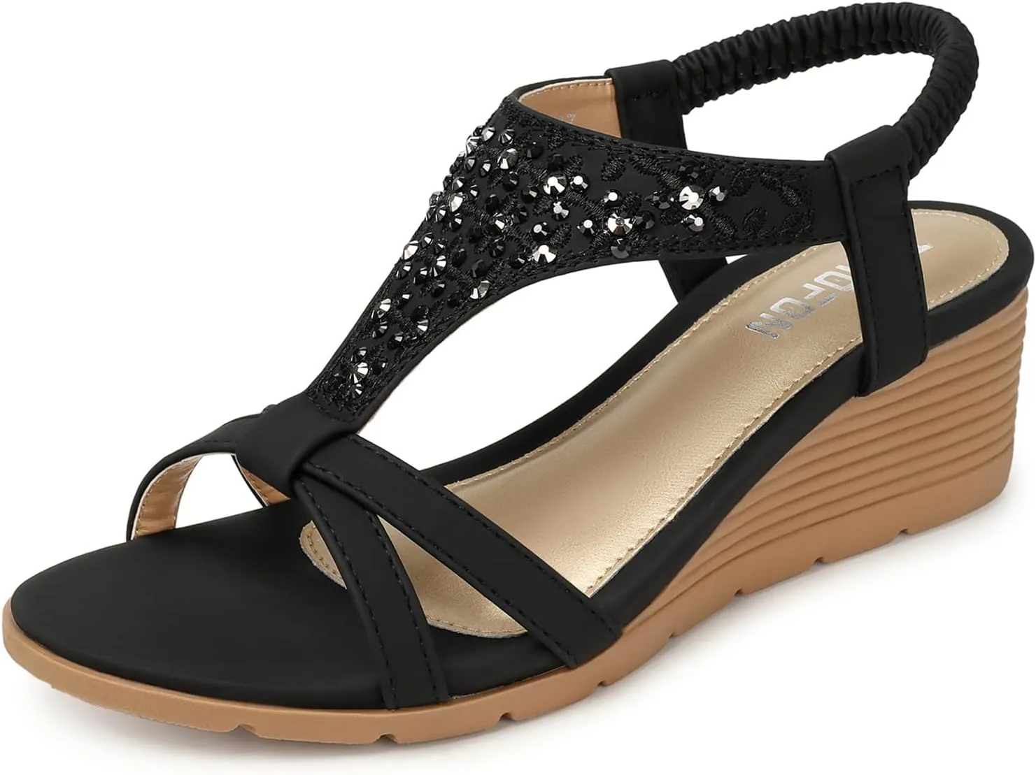 TEMOFON Women's Low Wedge Heels Summer Dressy Platform Sandals Elastic Ankle Strap Open Toe Flower Shoes