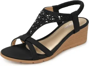 TEMOFON Women's Low Wedge Heels Summer Dressy Platform Sandals Elastic Ankle Strap Open Toe Flower Shoes