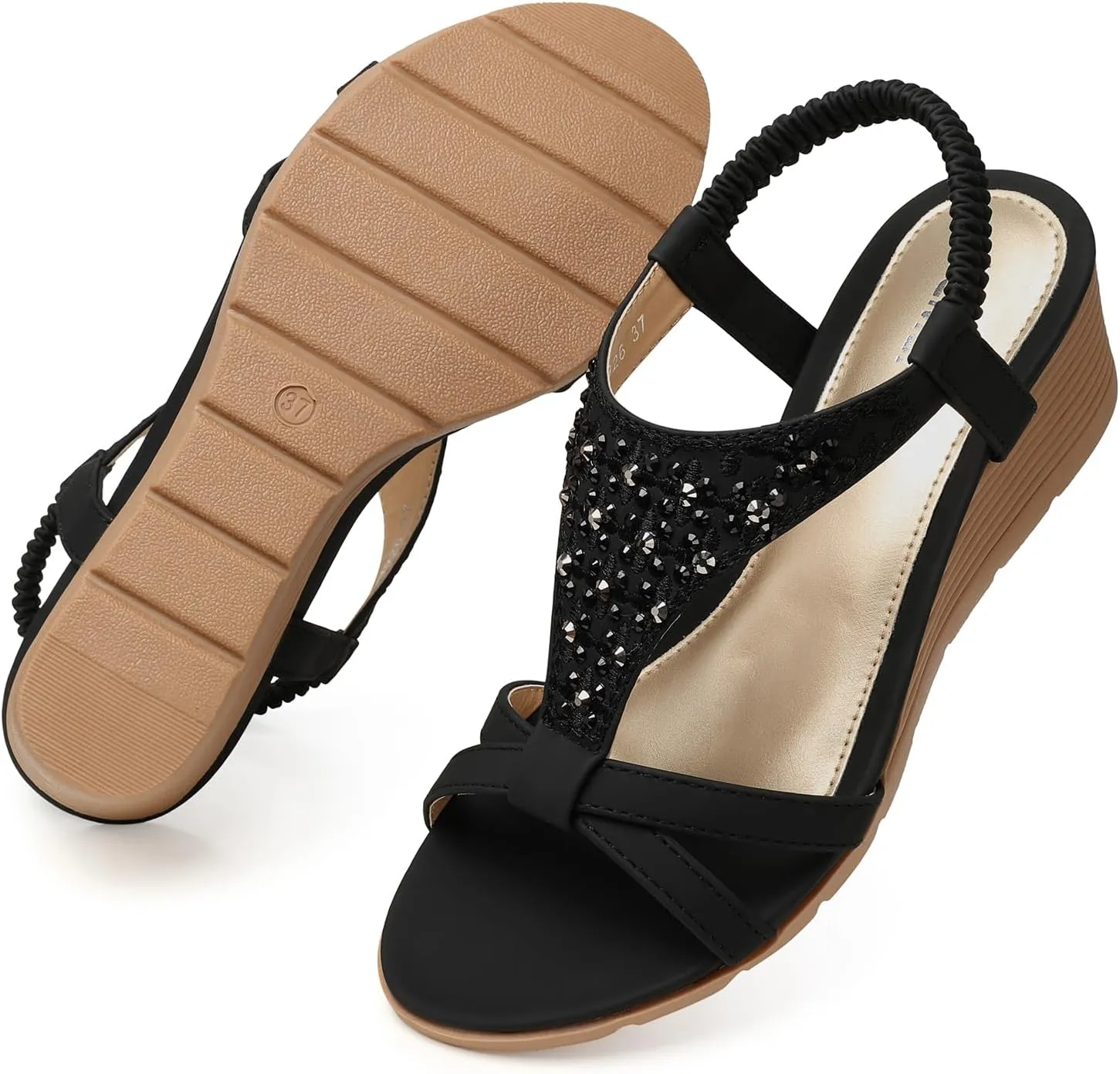 TEMOFON Women's Low Wedge Heels Summer Dressy Platform Sandals Elastic Ankle Strap Open Toe Flower Shoes
