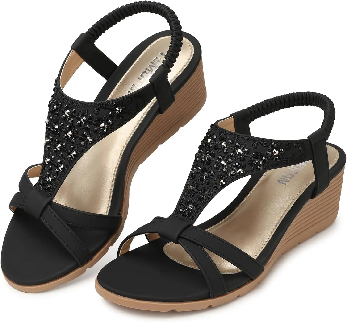 TEMOFON Women's Low Wedge Heels Summer Dressy Platform Sandals Elastic Ankle Strap Open Toe Flower Shoes