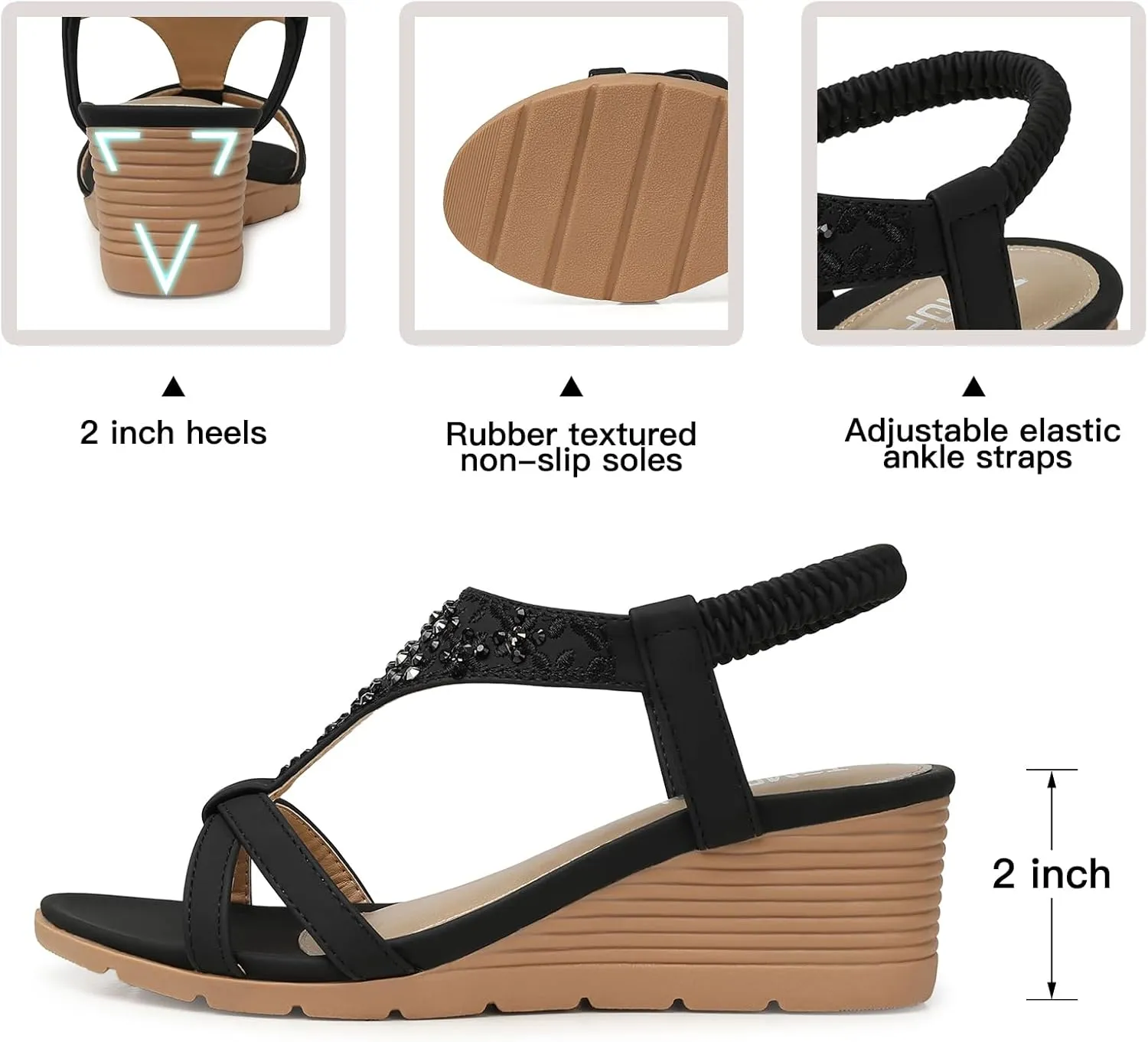 TEMOFON Women's Low Wedge Heels Summer Dressy Platform Sandals Elastic Ankle Strap Open Toe Flower Shoes