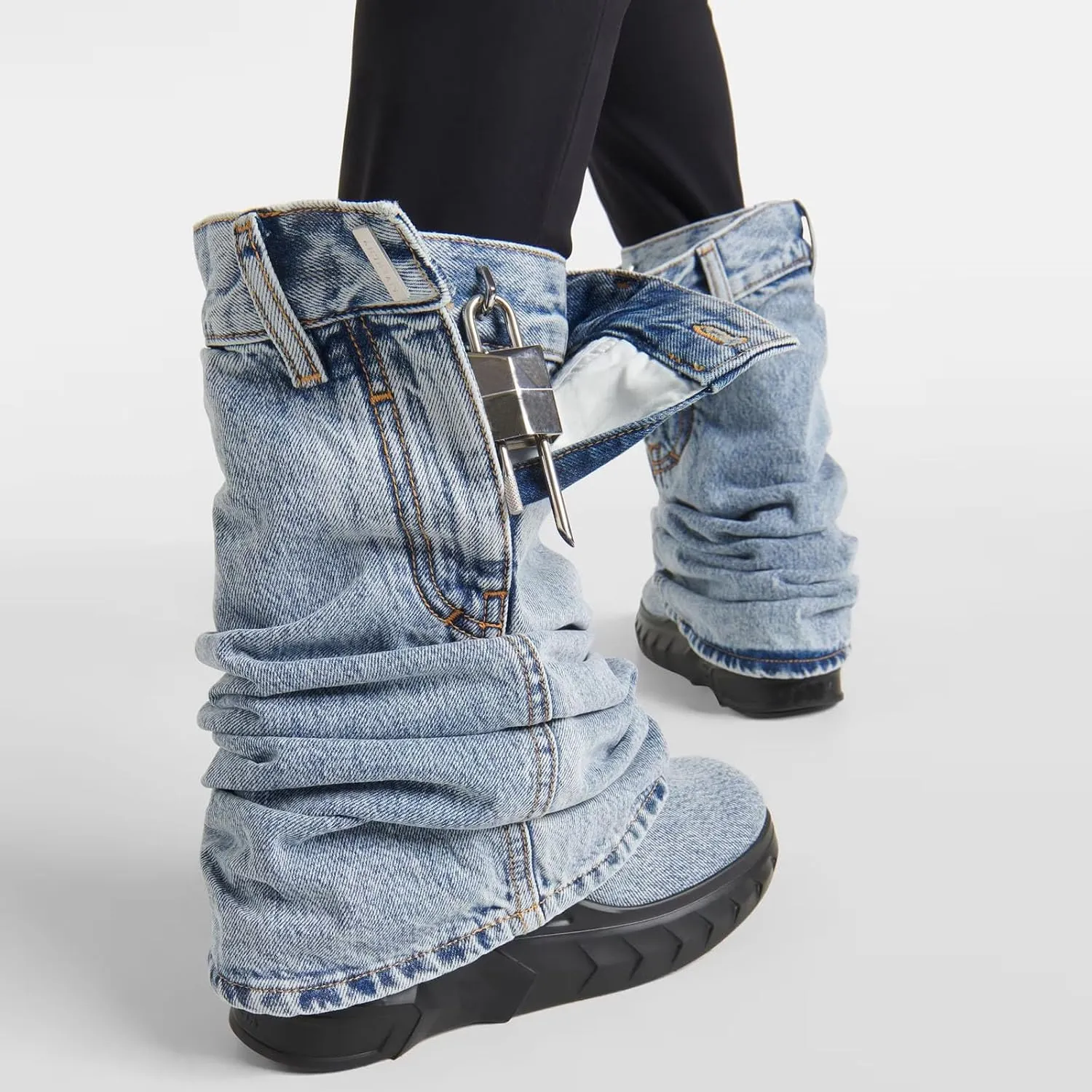 THESHY Womens Denim Ankle Boots Round Toe Lock Fold Over Bootie Zipped Side Mid Calf Wedge Heel Fashion Party Biker Boots for Women