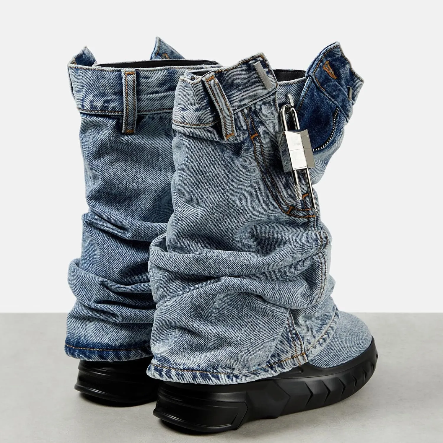 THESHY Womens Denim Ankle Boots Round Toe Lock Fold Over Bootie Zipped Side Mid Calf Wedge Heel Fashion Party Biker Boots for Women