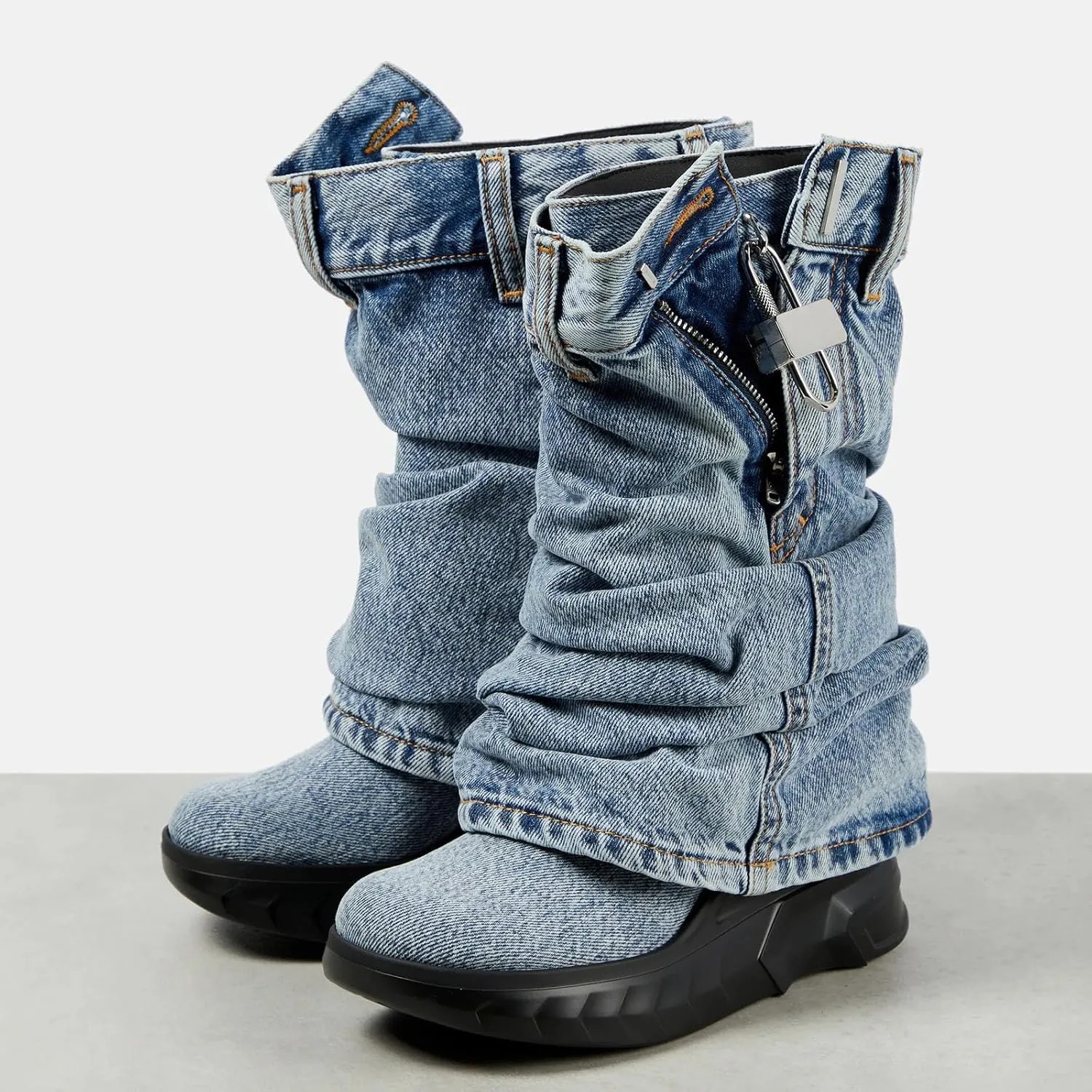 THESHY Womens Denim Ankle Boots Round Toe Lock Fold Over Bootie Zipped Side Mid Calf Wedge Heel Fashion Party Biker Boots for Women