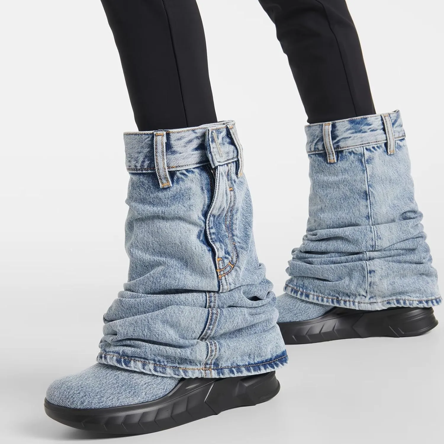 THESHY Womens Denim Ankle Boots Round Toe Lock Fold Over Bootie Zipped Side Mid Calf Wedge Heel Fashion Party Biker Boots for Women