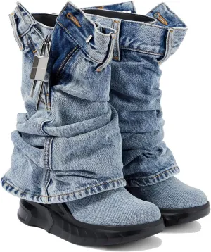 THESHY Womens Denim Ankle Boots Round Toe Lock Fold Over Bootie Zipped Side Mid Calf Wedge Heel Fashion Party Biker Boots for Women
