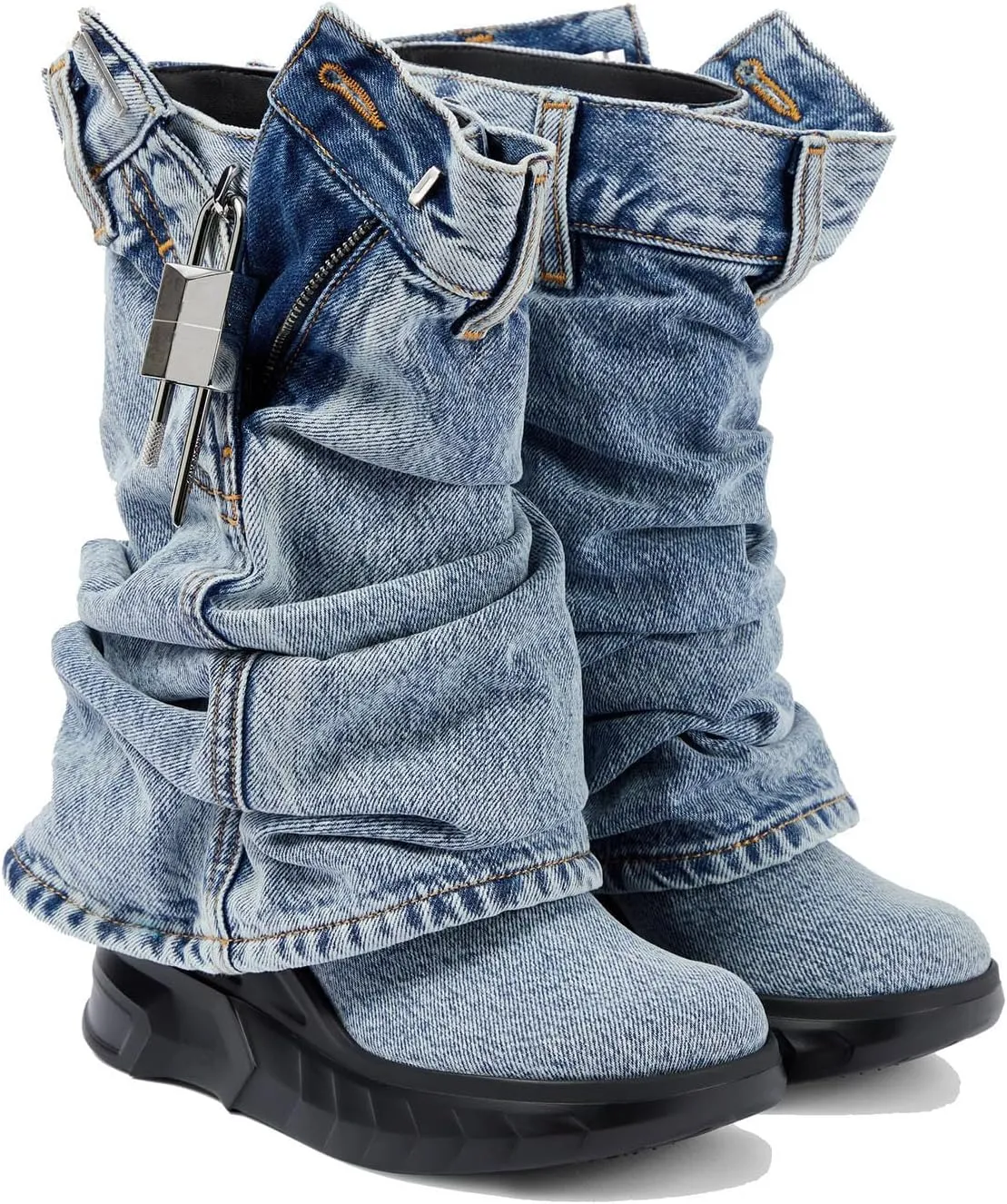 THESHY Womens Denim Ankle Boots Round Toe Lock Fold Over Bootie Zipped Side Mid Calf Wedge Heel Fashion Party Biker Boots for Women