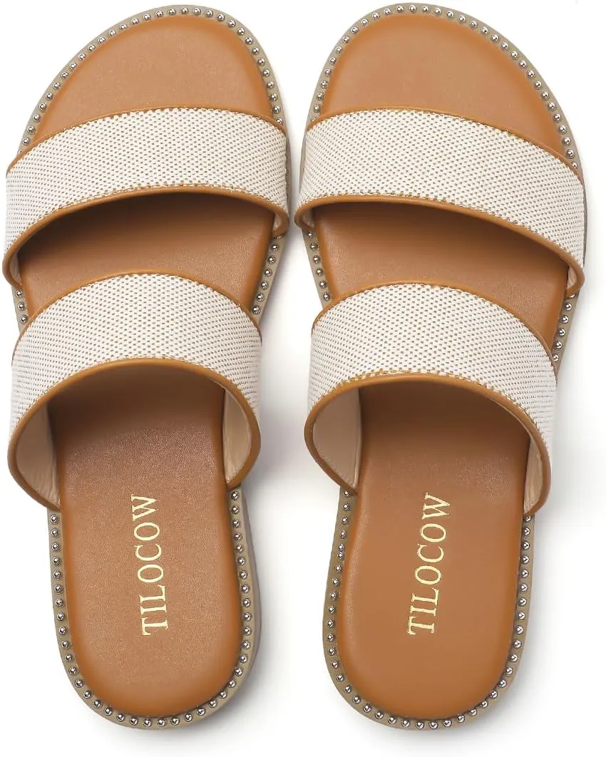 Tilocow Women's Flat Sandals with Rivets Inlaid Slip on Sandals Two Strap Casual Summer Slide Shoes