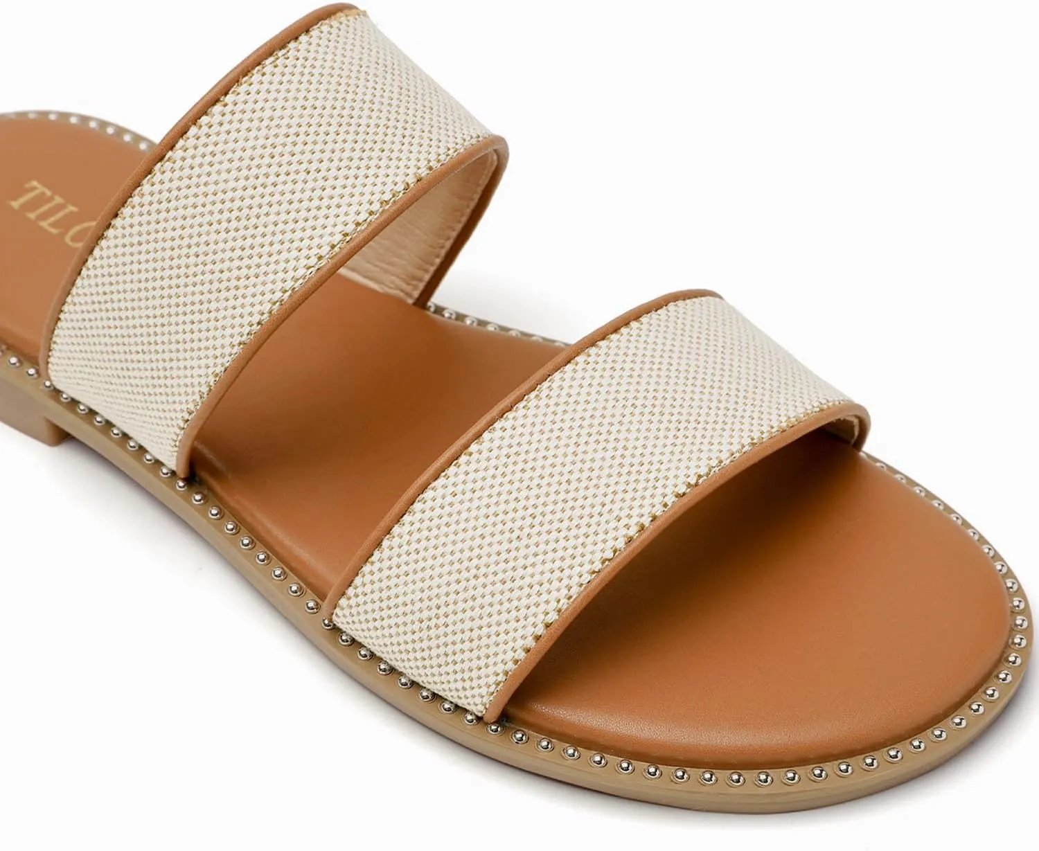 Tilocow Women's Flat Sandals with Rivets Inlaid Slip on Sandals Two Strap Casual Summer Slide Shoes