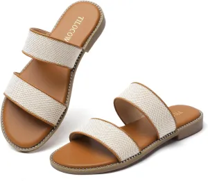 Tilocow Women's Flat Sandals with Rivets Inlaid Slip on Sandals Two Strap Casual Summer Slide Shoes