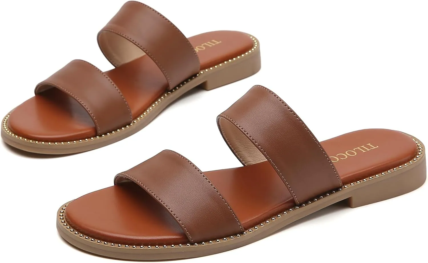 Tilocow Women's Flat Sandals with Rivets Inlaid Slip on Sandals Two Strap Casual Summer Slide Shoes