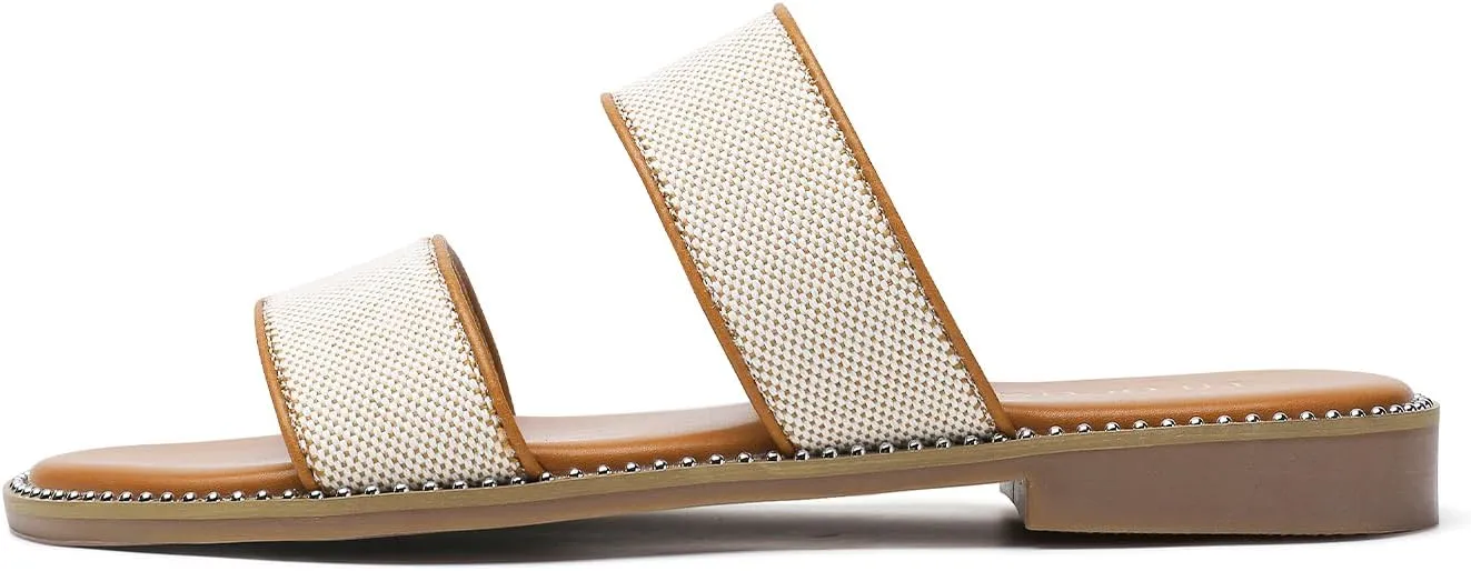 Tilocow Women's Flat Sandals with Rivets Inlaid Slip on Sandals Two Strap Casual Summer Slide Shoes