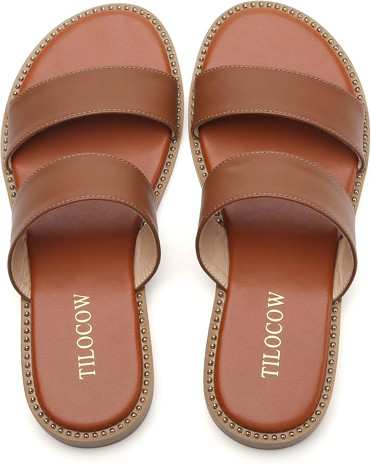 Tilocow Women's Flat Sandals with Rivets Inlaid Slip on Sandals Two Strap Casual Summer Slide Shoes