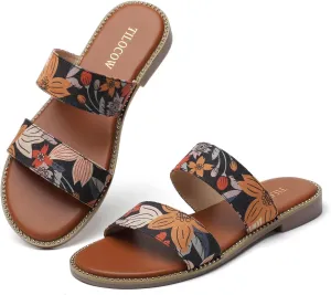 Tilocow Women's Flat Sandals with Rivets Inlaid Slip on Sandals Two Strap Casual Summer Slide Shoes