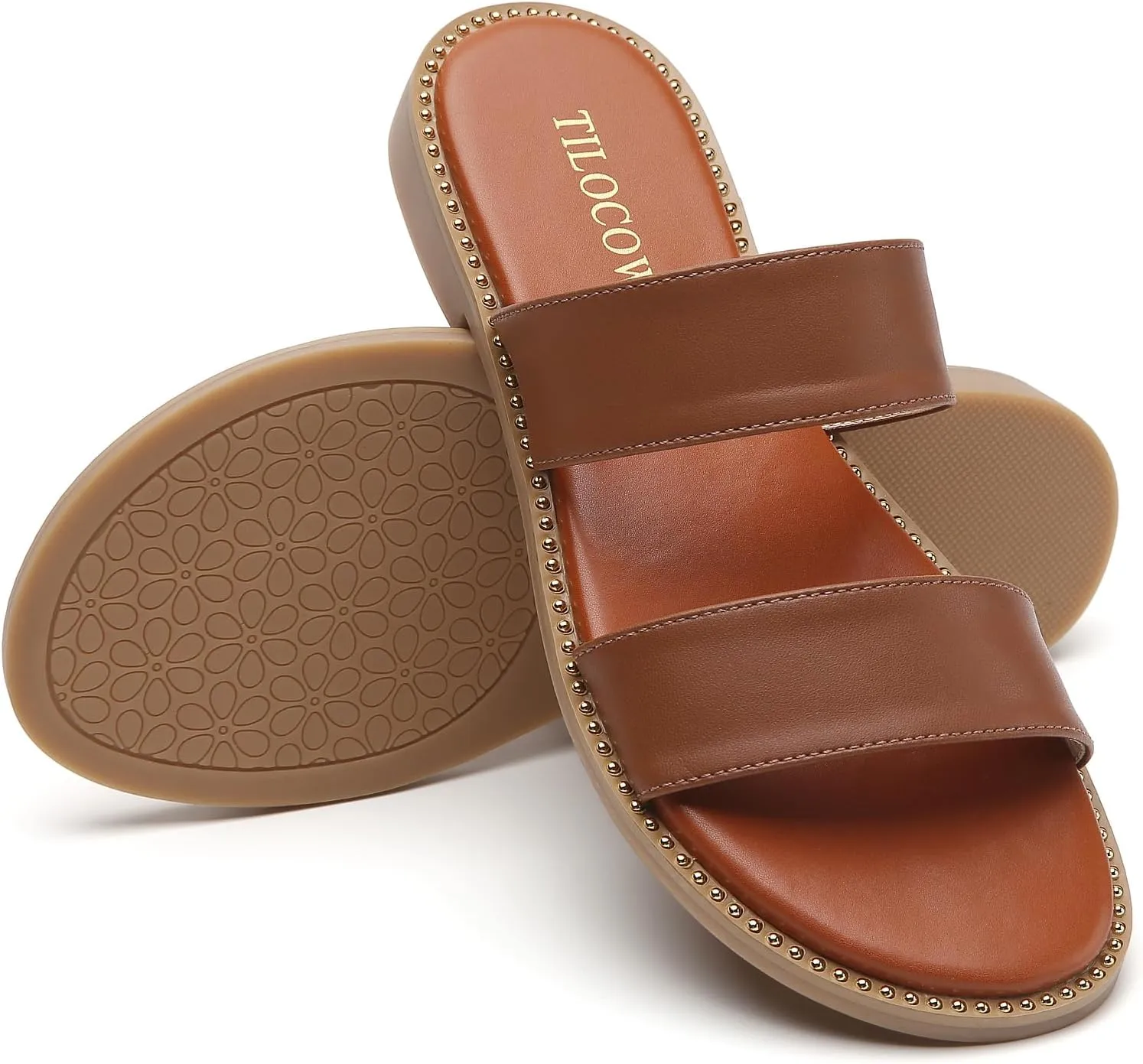 Tilocow Women's Flat Sandals with Rivets Inlaid Slip on Sandals Two Strap Casual Summer Slide Shoes
