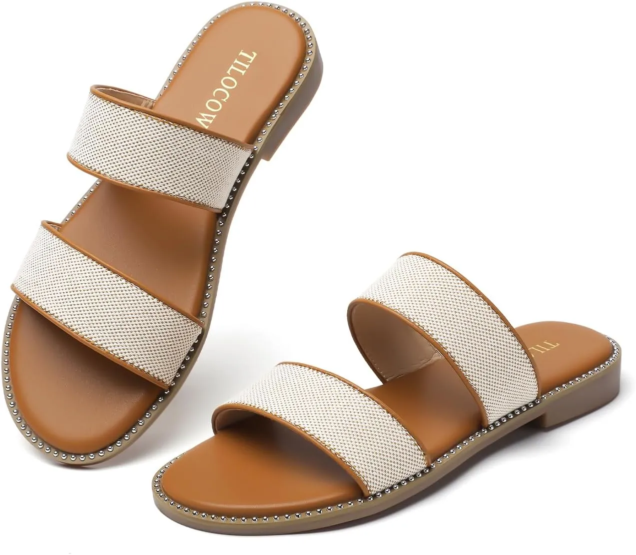 Tilocow Women's Flat Sandals with Rivets Inlaid Slip on Sandals Two Strap Casual Summer Slide Shoes