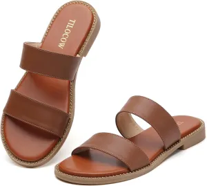 Tilocow Women's Flat Sandals with Rivets Inlaid Slip on Sandals Two Strap Casual Summer Slide Shoes