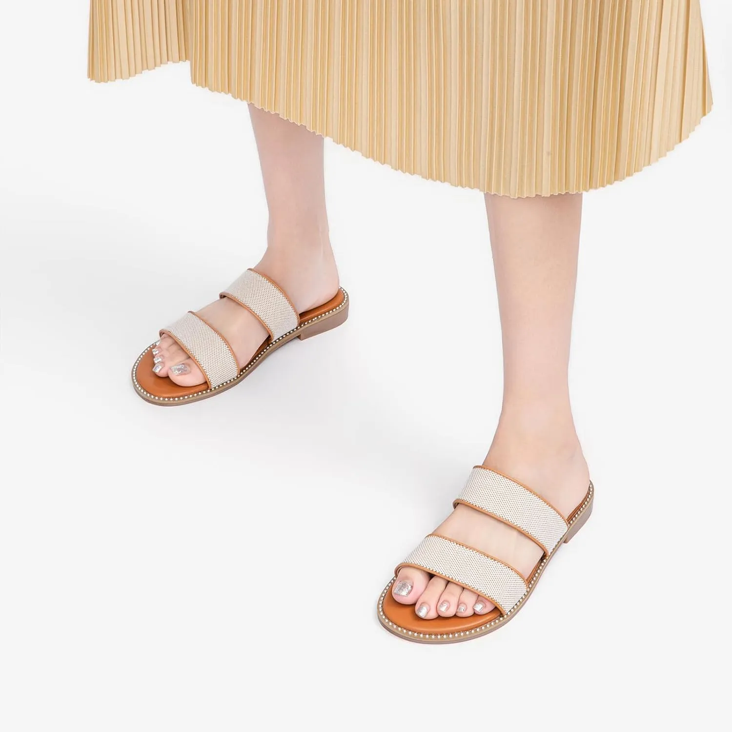 Tilocow Women's Flat Sandals with Rivets Inlaid Slip on Sandals Two Strap Casual Summer Slide Shoes