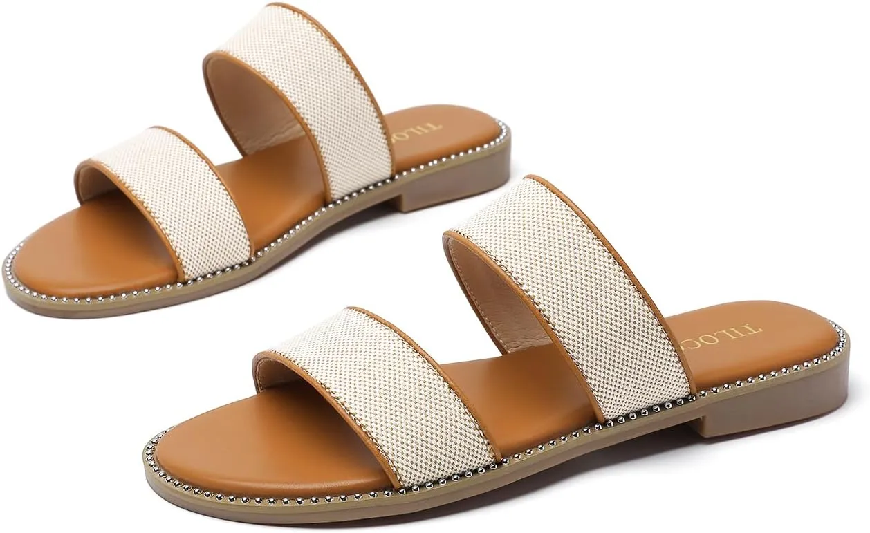 Tilocow Women's Flat Sandals with Rivets Inlaid Slip on Sandals Two Strap Casual Summer Slide Shoes