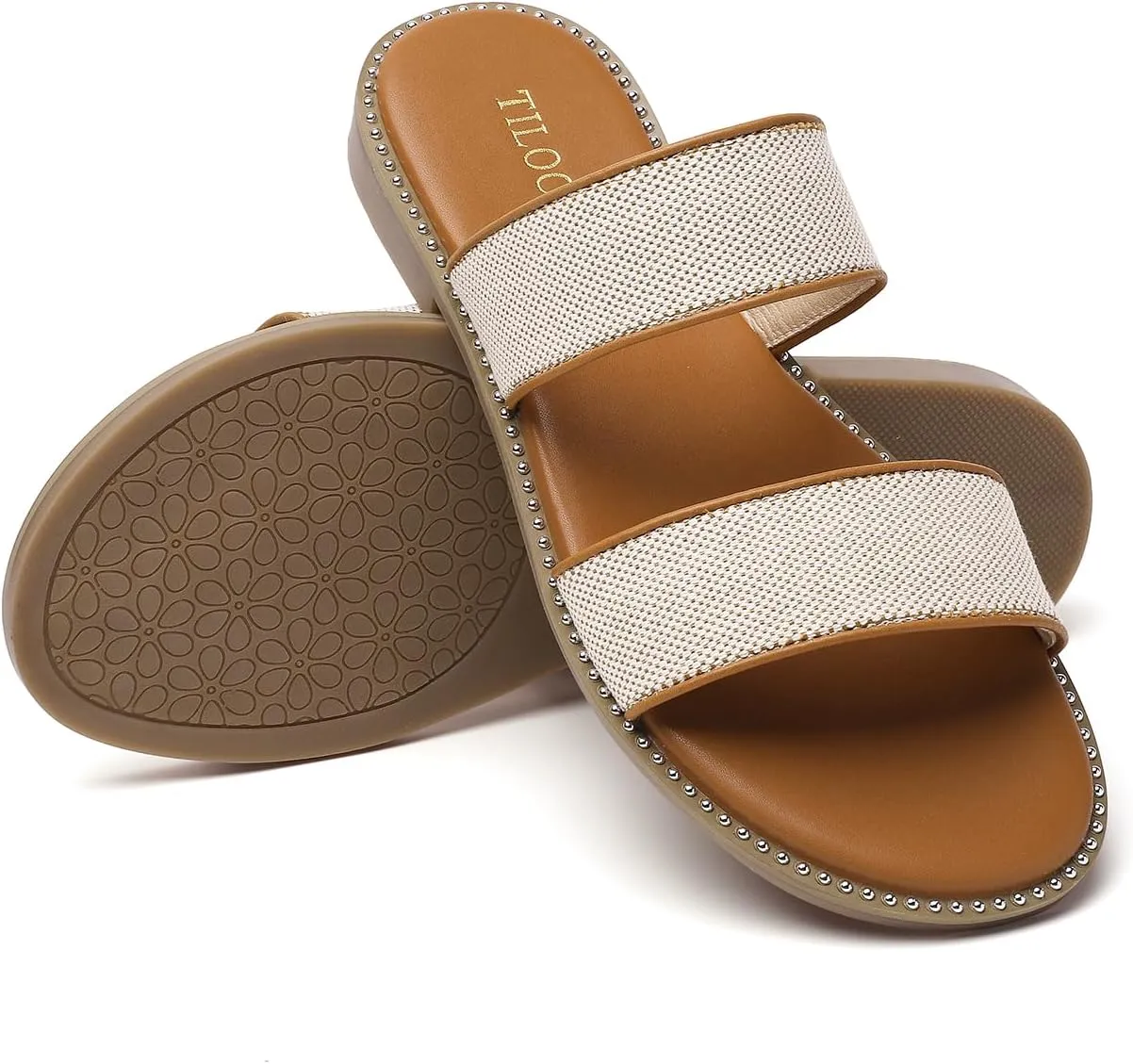 Tilocow Women's Flat Sandals with Rivets Inlaid Slip on Sandals Two Strap Casual Summer Slide Shoes
