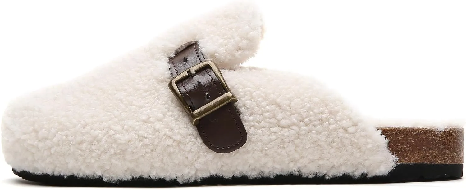 Tilocow Women's Suede Clogs Comfortable Fuzzy Cork Footbed Mules Slip On Winter Clogs