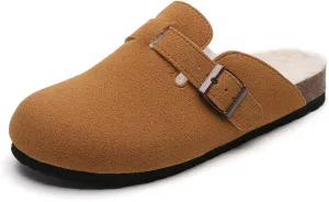 Tilocow Women's Suede Clogs Comfortable Fuzzy Cork Footbed Mules Slip On Winter Clogs