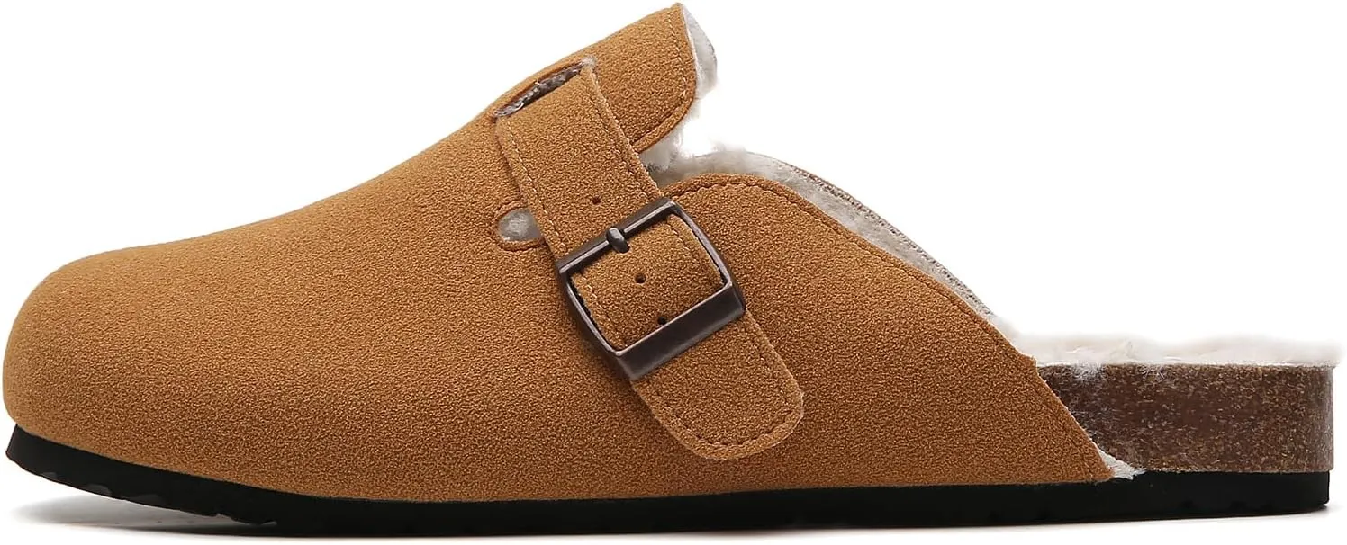 Tilocow Women's Suede Clogs Comfortable Fuzzy Cork Footbed Mules Slip On Winter Clogs
