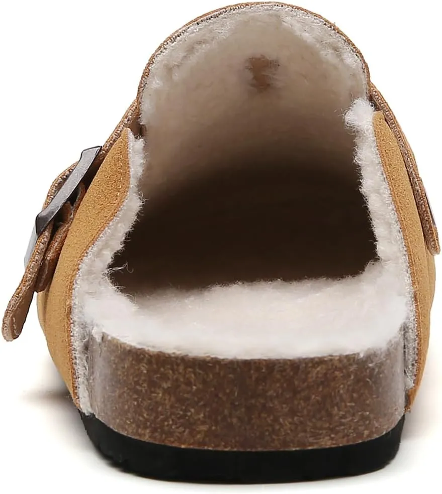 Tilocow Women's Suede Clogs Comfortable Fuzzy Cork Footbed Mules Slip On Winter Clogs