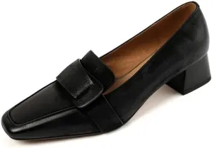 TinaCus Genuine Leather Women's Square Toe Handmade Low Chunky Heels Retro Loafers Shoes