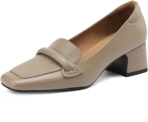 TinaCus Square Toe Genuine Leather Handmade Low Block Heels Women's Loafers Shoes