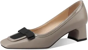 TinaCus Women's Square Toe Handmade Bowknot Low Chunky Heels Genuine Leather Loafers Shoes