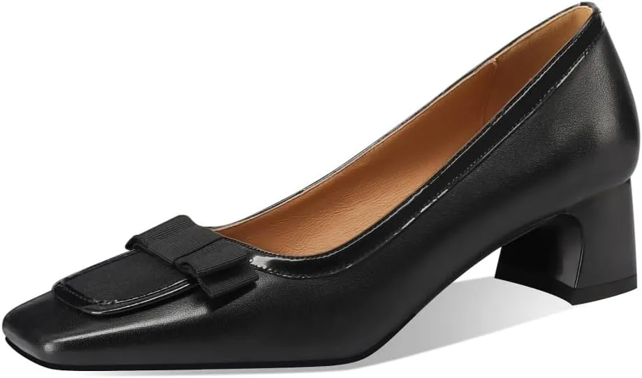 TinaCus Women's Square Toe Handmade Bowknot Low Chunky Heels Genuine Leather Loafers Shoes