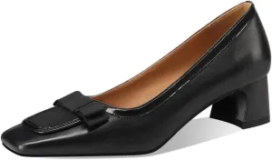 TinaCus Women's Square Toe Handmade Bowknot Low Chunky Heels Genuine Leather Loafers Shoes