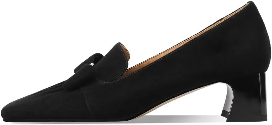 TinaCus Women's Square Toe Handmade Bowknot Suede Leather Low Chunky Heels Cute Loafers Shoes