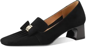 TinaCus Women's Square Toe Handmade Bowknot Suede Leather Low Chunky Heels Cute Loafers Shoes