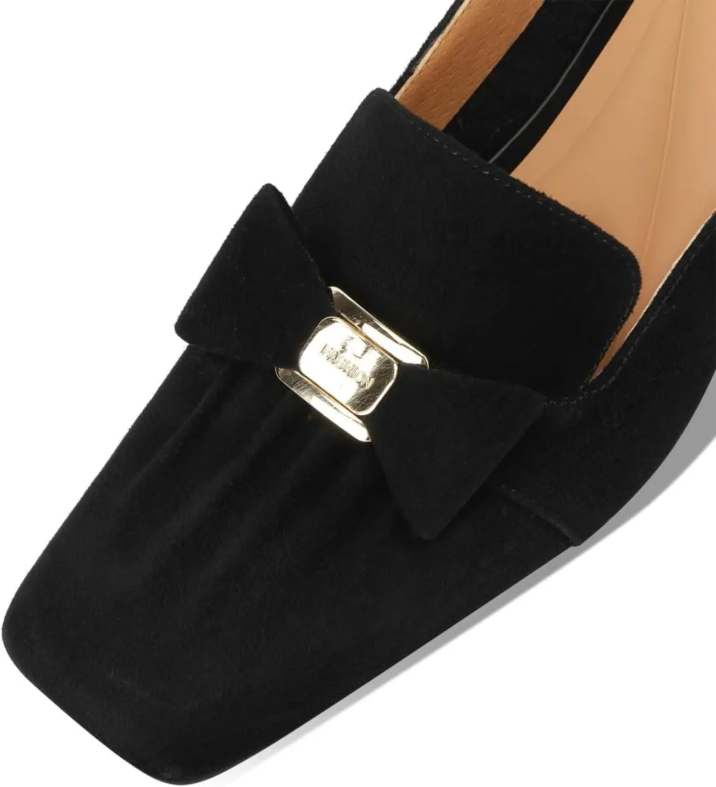 TinaCus Women's Square Toe Handmade Bowknot Suede Leather Low Chunky Heels Cute Loafers Shoes