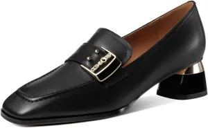 TinaCus Women's Square Toe Handmade Metal Buckle Genuine Leather Low Chunky Heels Casual Loafer Shoes