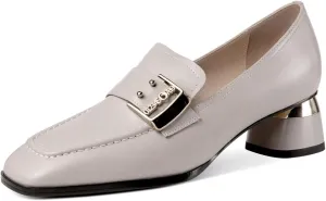 TinaCus Women's Square Toe Handmade Metal Buckle Genuine Leather Low Chunky Heels Casual Loafer Shoes