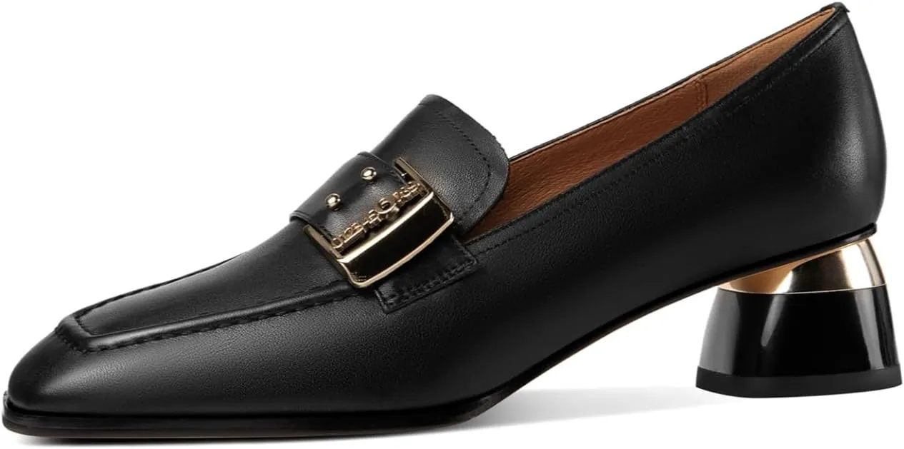 TinaCus Women's Square Toe Handmade Metal Buckle Genuine Leather Low Chunky Heels Casual Loafer Shoes