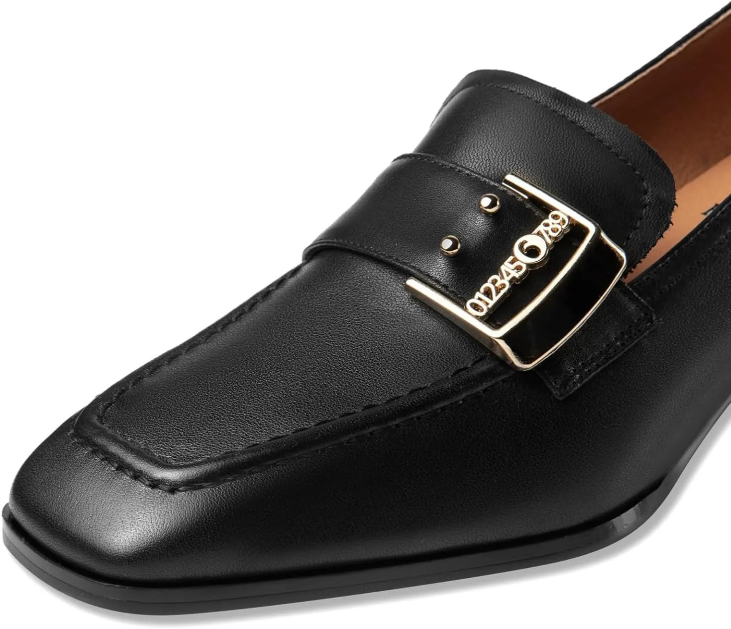 TinaCus Women's Square Toe Handmade Metal Buckle Genuine Leather Low Chunky Heels Casual Loafer Shoes
