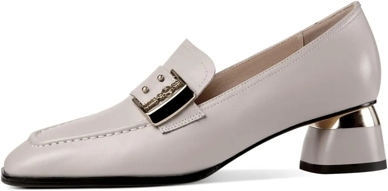 TinaCus Women's Square Toe Handmade Metal Buckle Genuine Leather Low Chunky Heels Casual Loafer Shoes