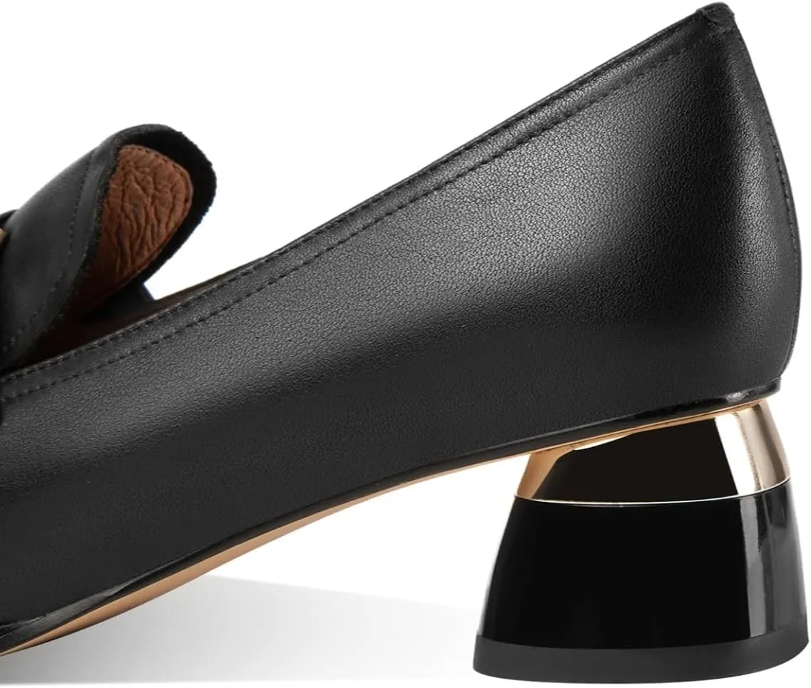 TinaCus Women's Square Toe Handmade Metal Buckle Genuine Leather Low Chunky Heels Casual Loafer Shoes