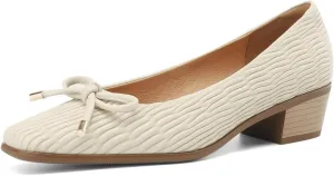 TinaCus Women's Square Toe Wavy Genuine Leather Handmade Bowtie Low Chunky Heels Casual Loafers Shoes
