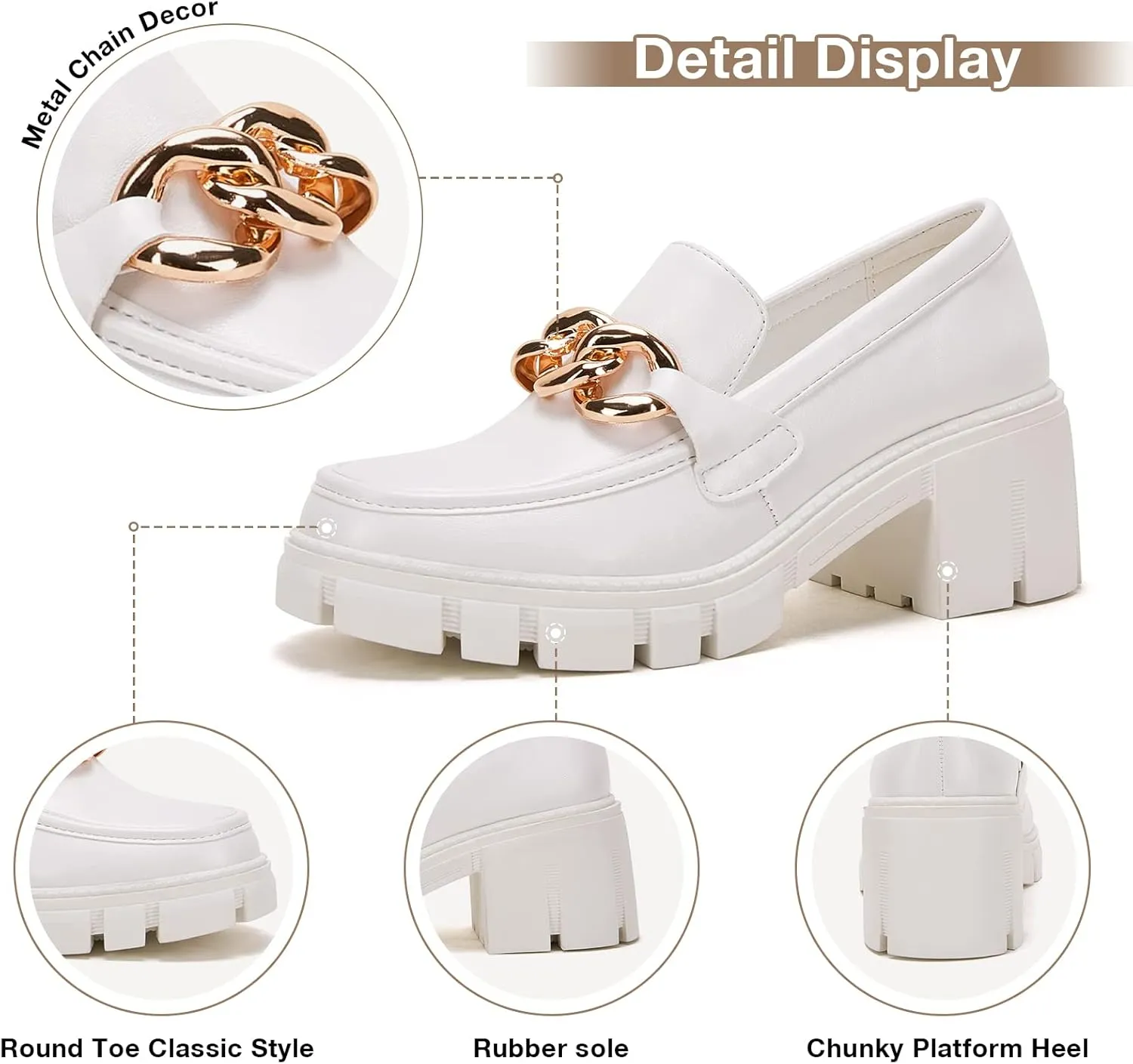 TINSTREE Platform Loafers for Women with Chain Comfort Chunky Heel Slip On Round Toe Business Work Shoes