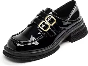 TNXZ Girl Platform Loafer Soft Leather Slip-ons Square Toe Chunky Loafer Shoes Penny Casual Fashion Uniform Leather Shoes
