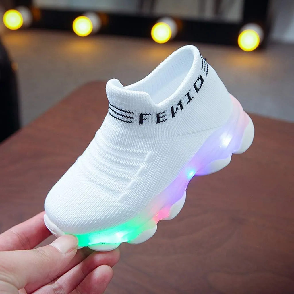 Toddler Baby Girl Boy LED Mesh Letter Run Sneakers for Little Kids 1-6 Years Kids Soft Sole Light Up Socks Sport Shoes (White-1#a, 4-4.5Years)