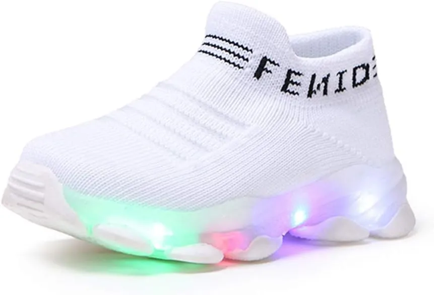 Toddler Baby Girl Boy LED Mesh Letter Run Sneakers for Little Kids 1-6 Years Kids Soft Sole Light Up Socks Sport Shoes (White-1#a, 4-4.5Years)